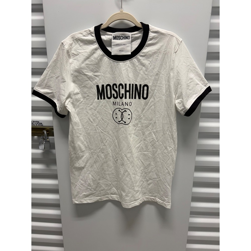 Moschino Milano Couture T-Shirt Mens White Black Ringer Graphic Logo Good